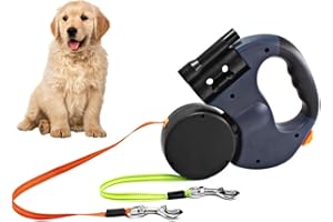 Gobesty podwójna zwijana smycz dla psa, 3 m, elastyczna, zwijana, smycz dla dwóch psów, z latarką LED i pojemnikiem na śmieci (waga pojedynczego psa poniżej 11,4 kg)