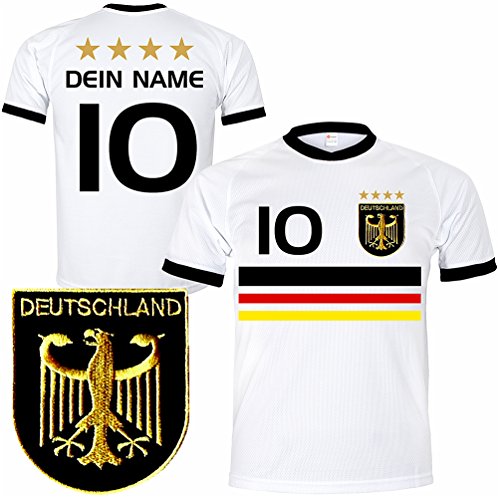 Deutschland Trikot mit GRATIS Wunschname + Nummer + Wappen Typ #D19 günstig im EM / WM weiss – Geschenke für Kinder,Jungen,Baby,.. Fußball T-Shirt personalisiert als Weihnachtsgeschenk