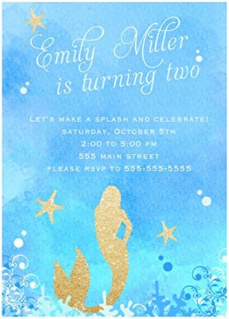 30 Invitations Watercolor Gold Mermaid Girl Birthday Party Photo Paper