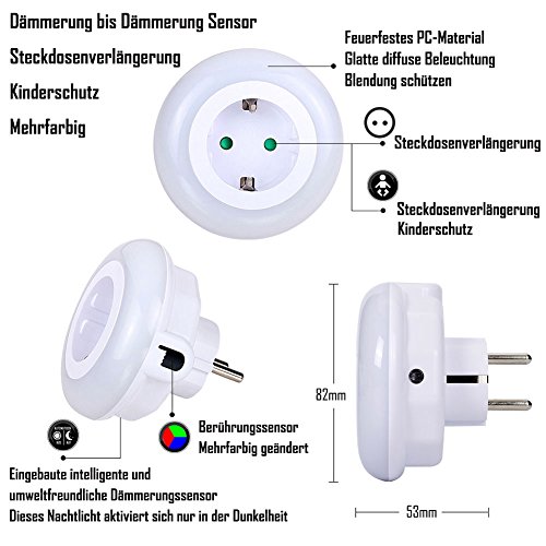 LED Nachtlicht mit Dämmerungssensor Emotionlite Steckdose Nachtlampe Kinder Schützen Steckdose Orientierungslicht Stimmungslicht Multi-Farben (Grün, Blau, Warmweiß) Auswechselbar Helligkeitssensor 0.6W Max. 3680W 16A (2 Stück) - 4
