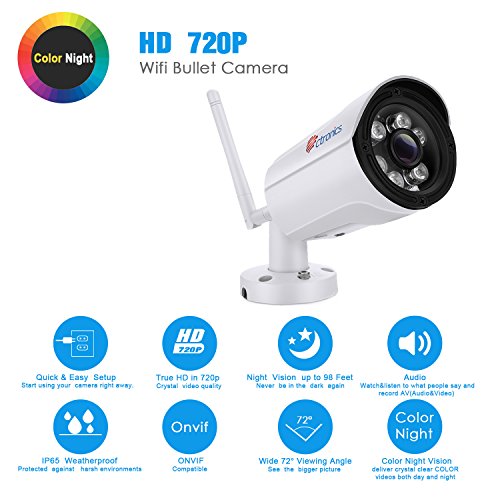 Ctronics (CNV) Cámara IP de visión nocturna en color, Cámara de vigilancia inalámbrica WIFI Cámara de vigilancia IP65, Audio, HD 720P, 30M IR, Detección de movimiento, Alerta por correo electrónico, PC, Teléfono, Tableta, CMS Remote, 16G SD incluido
