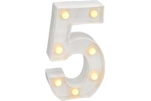 Jandei - Números Luminosos LED, Número 5 con Luz Blanca Cálida, Luces Led Decoración y Ambiente, Luz Nocturna Bodas, Cumpleaños, Escaparates, Números y Letras con Luces (Funcionan con Pilas)