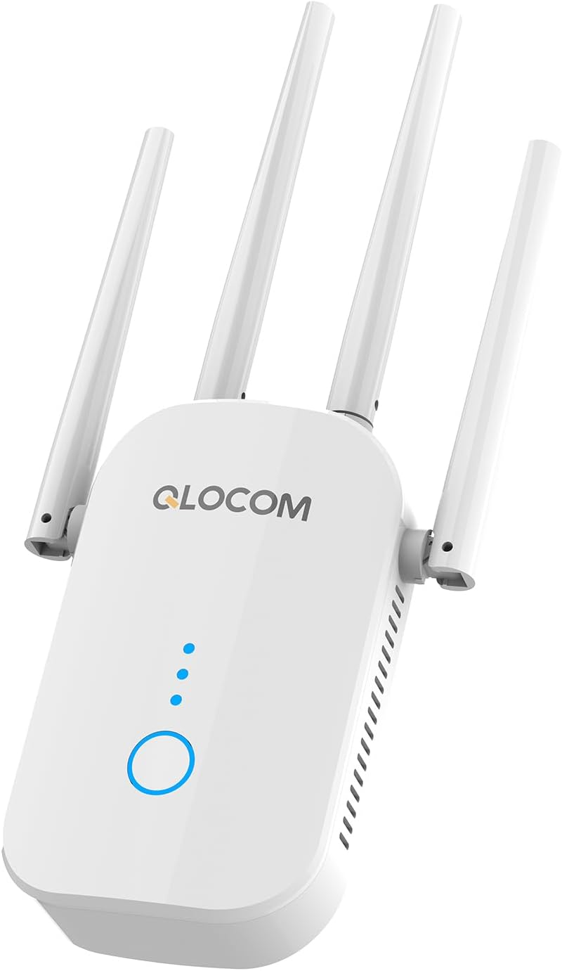 QLOCOM 2025 Newest WiFi Booster Range Extender 1200Mbps WiFi Extender Booster Dual Band 5GHz & 2.4GHz Wireless Internet Booster/Hotspot with Wider Coverage, Broadband Extender, UK Plug