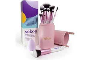 Sekoa Set 12 pennelli da trucco di grado professionale, vegani, con custodia e spugna per sfumare la bellezza