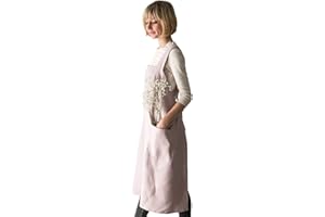 Bunny Street Pinafore Apron - Premium Quality Linen Japanese Apron for Women - No Ties Cross Back Apron for Kitchen, Craft, Garden - Pink Heather Smock