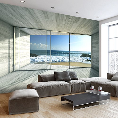 Fototapete Meer Fenster 350x245 cm - VLIES TAPETE PREMIUM - PROFI QUALITÄT - Top moderne Wanddeko - Riesen Wandbild - Top Design Tapete - Neue exklusive Edition mit noch besser Druckauflösung - Deutsches Premium Vlies - Meer See Natur Landschaft Fenster 3D Holz c-A-0084-a-c