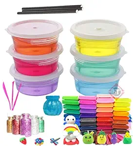 Firstly Traders New Creative Slime Kit with 6 Crystal Slime + 60 Air Dry Clay+ 1 Slime Pot with Free Straws, Tools, Glitter for Kids Boys and Girls Age 3+ Years Slime Putty Toys