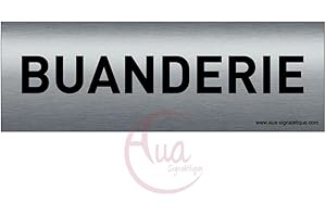 AUA SIGNALETIQUE - Plaque de porte Aluminium brossé imprimé AluSign Texte - 150x50 mm - Double Face adhésif au dos (Buanderie)