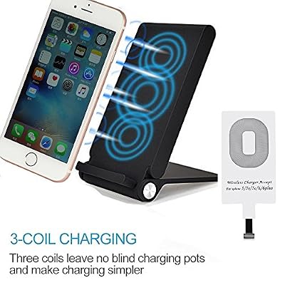 PoWise 3 bobines LED Qi chargeur induction sans fil Plater Pliable Comb Chargeur Station de recharge station d'accueil pour iphone 7 6 6s Plus 5 5s SE, Noir + Récepteur pour iphone