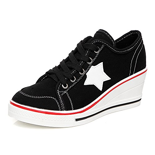 OCHENTA Mujer Lona de la Manera de la Cuna de Tacon Cerrado Deporte Zapatos Cordones #3 Negro 35