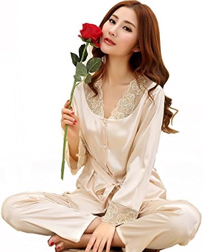 LANSHULAN Women's Long Sleeve Satin Imitated Silk Luxurious Pyjama Sets (S, Color3)