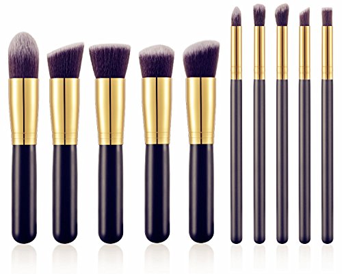 BS-MALL Premium Synthetic Kabuki Makeup Brush Set Cosmetics Foundation Blending Blush Eyeliner Face Powder Brush Makeup Brush Kit (10pcs, Golden Black)