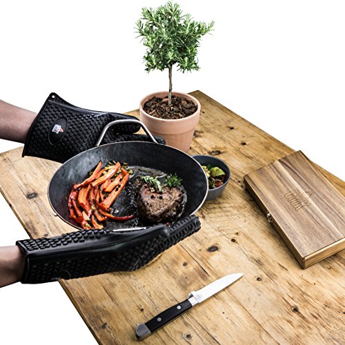 TheCook Silikon- Grillhandschuhe schwarz TheProtector, schützen die ganze Hand, bis +230 °C, 1 Paar Ofenhandschuhe, Silikon-Backpinsel und Metallhaken gratis, in eleganter Geschenkbox - 7