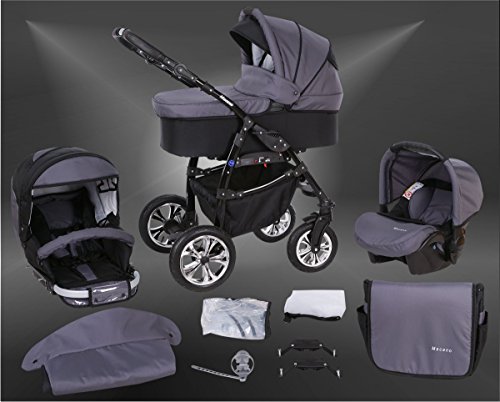 Milk Rock Baby Macano S Pram & Pushchair with 3 frame colors Safety-Set (car seat & ISOFIX base, rain cover, mosquito net, swivel wheels) MO30 Black / Black & Graphite