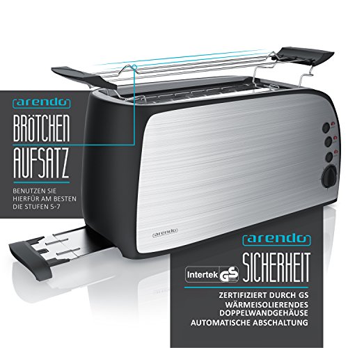 Arendo – Automatik Toaster Langschlitz | Defrost Funktion | wärmeisolierendes Gehäuse | abnehmbarer Brötchenaufsatz | 1200W-1500W | | 7 Stufen | herausziehbare Krümelschublade | Neues Modell 2017 – verbesserte Bräunungsstufen - 2
