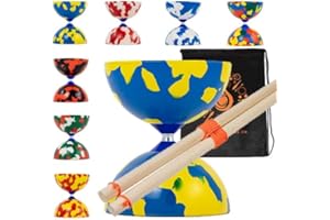 JUGGLE DREAM Jester Diabolo Set with Wood Sticks - Pro Medium Rubber Diablo Set With Wooden Handsticks and Cascade Carry Bag (Blue and Yellow)