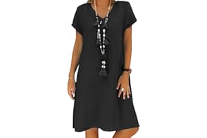 TINCINI Sommerkleid Damen Leinen Kleider Casual V-Ausschnitt Midikleid Kurzarm A-Linie Kleid Strandkleid Ohne Zubehör