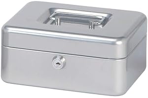 MAUL caja fuerte de acero 20 x 16 x 9 cm | Caja caudales con cerradura | Bandeja extraíble para monedas | Caja con 2 llaves | Caja registradora robusta con asa | Plata