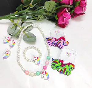 KIDOS JOY Funky Unicorn Jewelry Set Combo for Girls / Necklace, Bracelet, Ring, Unicorn Hair Clips/ Birthday Party Favor Gifting Option ( 6-1 Unicorn Combo) (White)