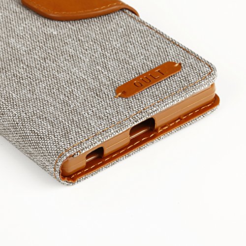 EGO® Luxury Bookstyle Handy Tasche mit praktischer Aufstellfuntkion für Sony Xperia Z5 Grau Flip Case Magnetverschluss Book Cover mit Kartenfach Wallet Stand Schutz Hülle Canvas - 9