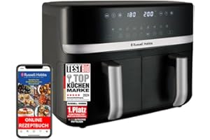 ‎RUSSELL HOBBS Russell Hobbs Heißluftfritteuse 2 Kammern 9L Rapid AirFryer [2 Fächer je 4,5l, sehr leiser Betrieb, 9 Programme] SatisFry Fritteuse (spülmaschinenfest, Match & Synchronisierungsfunktion) 27681-56