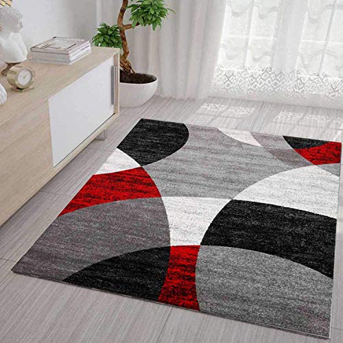 Vimoda Tapis Rouge Salon Chambre à Coucher Géométrique Motif à Cercles Moucheté En Gris Blanc Noir Et Rouge Eco Tex Certifié