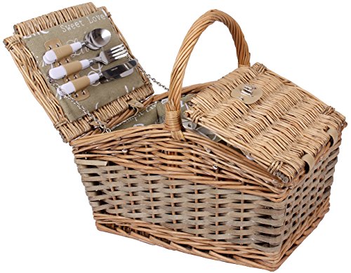 Picknickkorb für 4 Personen Weidenkorb inkl. praktischem Inhalt Messer Porzellan Teller Gläser Weide Korb - 3