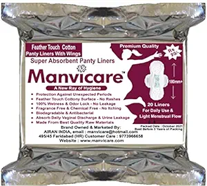 Manvicare Biodegradable Panty Liners For Teenage Girls - 20 Liners - Size 185mm