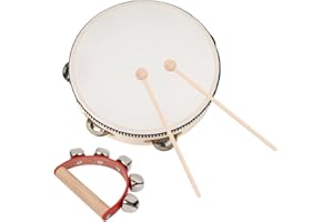 BUYGOO Hand Held Tambourine Drum, 3PCS Wood Tambourines with Jingle Bells & Percussion stick,Half Moon Tambourine 7.8"Tambourine Hand Held Drum,Metal Jingles Percussion Musical Toy for Educational Game
