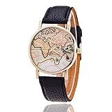 ZXMBIAO Weltkarte Uhr Frauen Leder Geschenkband Quarz Uhren, Schwarz