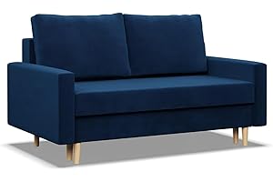 ‎MEBLIGO Mebligo - Sofa mit Schlaffunktion und Bettkasten Blank, 2 Sitzer Sofa 152 cm Breit, Schlafsofa, Ausziehbares Couch auf Holzfüßen, Sofa Wohnzimmer, Schlafcouch - Sofa Blau