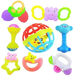 Sky Tech Rattles and Teether for Babies, Pack of 8 Pcs - Colourful Lovely Attractive Rattles and Teether for Babies, Toddlers & Children,Plastic,Multi color