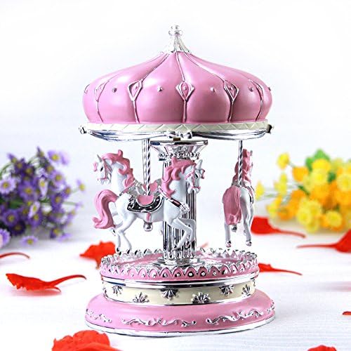 LIWUYOU Carousel Horse Music Box Birthday Gifts Luxury Color Change LED Light Luminous Rotating With the Castle in the Sky Tune Color Pink
