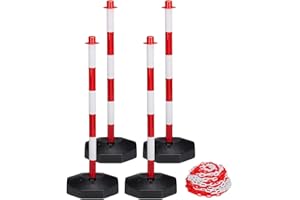 IWOFER set 4 Paletti di Delimitazione in Plastica con 5 metri di Catena Bianca e Rossa - Barriera di Sicurezza per Zone di Accesso, Ideale per Segnalazione, Eventi e Cantieri (4)