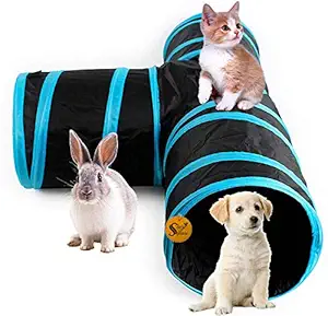 Sage Square Jumbo Collapsible Portable Sleeping Bag Exercise 3 Way Tunnel with Hanging Ball for Cat, Kitten, Rabbit, Guinea Pig, Puppy (Blue)