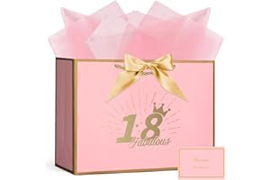 AOOSU Geschenktüte 18 Geburtstag, Papier Geschenktüten mit Schleife + 1 Grußkarten +3 Seidenpapier, Rosa Geschenktaschen Frauen 18th Birthday Gift Bag, Papiertüten mit Henkel für Damen, Mädchen