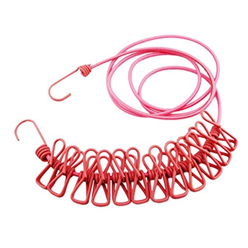 Aosbos 185-380cm Flexible Wäscheleine mit 12 beschichteten Klammern und 2 Haken für Reise, Camping, Hof, Hotel