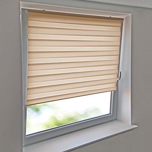 Easy-Shadow Hochwertiges UNIVERSAL Klemm- und Klebe Duo-Rollo Doppelrollo Außenmaß Breite 130 x 120 cm Höhe – 130×120 cm Apricot ( creme , beige ) – Vario Duorollo Duo Klemmfix Klemmrollo / Kleberollo ohne Bohren inklusive 2 Stück Klemmträger Easy&Fix montiert – inkl. Seitenführung - 2