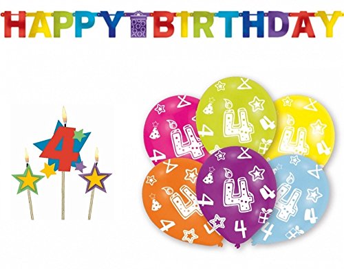Kinder Geburtstag Dekoration Deko-Set *Stern* Happy Birthday Partykette Girlande 6 Luftballons und 3 Geburtstags-Kerzen 4. Geburtstag