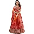 Shopgarb Women's Chinon Silk Embroidered Work Lehenga Choli With Dupatta (GS3194-Orange-wedding-bridal-latest-Semi-stich)