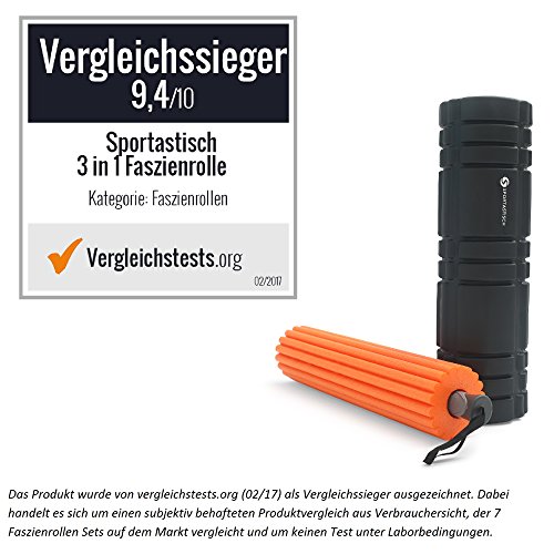 VERGLEICHSSIEGER: „3 in 1“ Faszienrolle als Set „Roll on“ von Sportastisch :: Massagerolle + Faszienrolle + Massageroller mit Griff :: extra lang mit 48cm :: exklusiv 6 verschiedene Zonen für Yoga und Pilates:: unterschiedliche Härtegrade (weich bis hart), ideal für Anfänger oder Fortgeschrittene :: Tragetasche inklusive :: ideal zur Behandlung schmerzender Faszien :: optimales Training für Rücken, Nacken, Beine, Schulter und Oberschenkel:: 3 Jahre Sportastisch Produktgarantie - 2