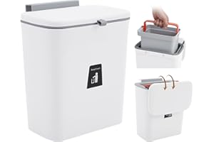 Warmiehomy Wall Mounted Trash Bin with Lid 9L Inner Bucket Hanging Waste Rubbish Bin with Sliding Cover for Cupboard, Bathroom, White