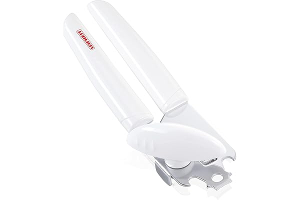 Leifheit Ouvre-boîte Exact ComfortLine, Ouvre boite de conserve sans effort, Ouvre boite manuel avec molette de découpe en acier trempé, ouvre couvercle et ouvre bouteille, décapsuleur intégré
