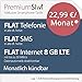 Produktbild PremiumSIM LTE XL Allnet Flat [SIM, Micro-SIM und Nano-SIM] monatlich kündbar (FLAT Internet 8 GB LTE mit max. 50 MBit/s mit deaktivierbarer Datenautomatik, FLAT Telefonie, FLAT SMS und FLAT EU-Ausland, 22,99 Euro/Monat)