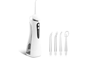 FORESTM Cordless Water Flosser Oral Irrigator, Mini Portable 300ML USB Rechargeable Electric Dental Flosser with 3 Modes, 4 Nozzles, IPX7 Waterproof, 360° Rotating for Home & Travel （White