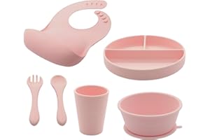 Dadamuma 6 Piece Silicone Baby Feeding Set | weaning Set | Pink | Suction Plate, Suction Bowl, Cup, Bib, Fork & Spoon| BPA Free | LFGB Approved | Microwave & Dishwasher Safe