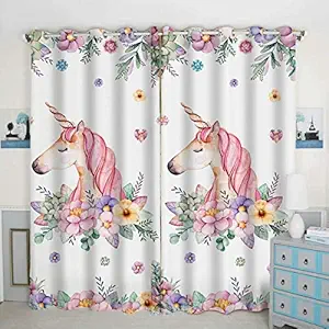 Vista Lifestyle PE-204 3D Unicorn & Flower Digital Printed Polyester Fabric Designer Classic Curtains for Bed Room Kids Room Long Door 9 Feet Curtain Piece of 2 (Long Door)