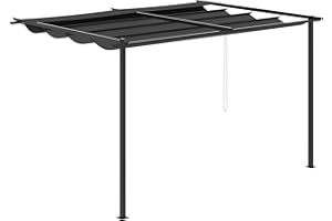 Outsunny Pérgola de Pared de Jardín 4x3 m Cenador para Exterior Gazebo con Techo Retráctil y Marco de Acero para Balcón Patio Terraza Gris Oscuro