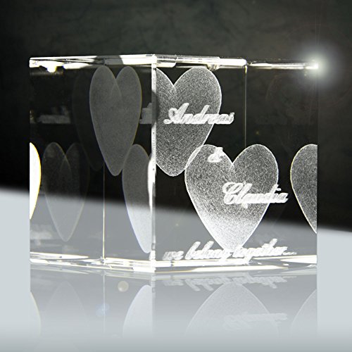 3D Laser Glaskristallwürfel | Layout: Herz mit deiner Wunschgravur (Namen - 2