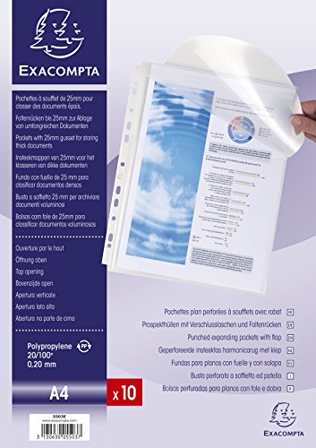 10 Pochettes perforees Exacompta A4 a soufflet a rabat sur le haut polypropylene lisse 20/100e